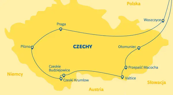 Mapa turystyczna Czech z zaznaczoną trasą przez Pragę, Pilzno, Czeski Krumlov, Ołomuniec i Woszczyce.