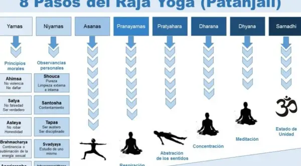 Los 8 pasos del Raja Yoga de Patanjali: Yamas, Niyamas, Asanas, Pranayamas, Pratyahara, Dharana, Dhyana y Samadhi, ilustrando la filosofía del yoga.
