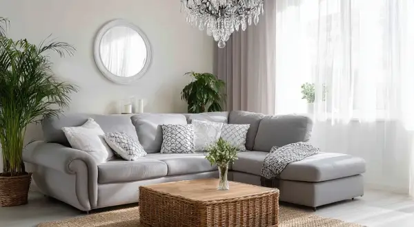 Przytulny salon w stylu boho glamour: szara kanapa, wiklinowy stolik, kryształowy żyrandol i dużo zieleni.