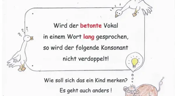 Gänse erklären Kindern die Regeln für lange und kurze Vokale in der Grundschule. Eine Glühbirne symbolisiert eine Idee.