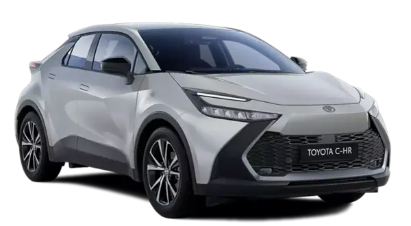 Nowy, srebrny suv Toyota C-HR z czarnymi akcentami i nowoczesnymi światłami.