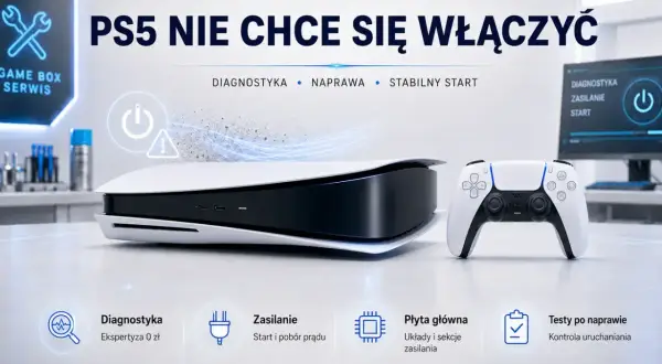Konsola PS5 i kontroler na stole, z ikonami usług serwisowych poniżej.