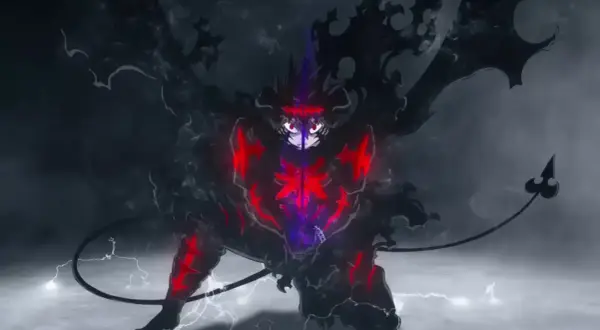 Asta in Teufelsform, bereit für den Kampf in Black Clover Staffel 5. Dunkle Magie und rote Glühwürmchen umgeben ihn.