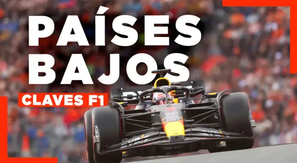 Coche de Fórmula 1 en carrera, con texto "PAÍSES BAJOS" y "CLAVES F1". El resultado F1 hoy podría ser una victoria holandesa.