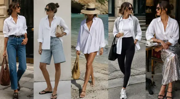Cinque modi per abbinare la camicia bianca: con jeans, shorts, gonna di paillettes, leggings o come copricostume.
