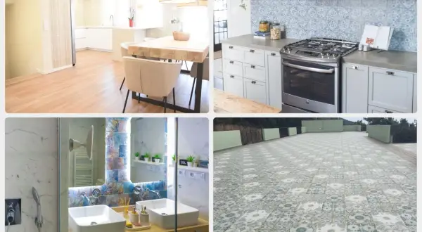 Un intérieur moderne avec des sols en grès cérame, une cuisine élégante, une salle de bain design et une terrasse pavée.