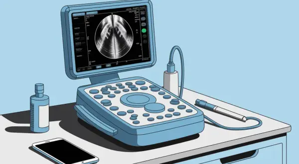 Appareil d'échographie prêt pour un bladder scan. Gel, sonde et smartphone à proximité.