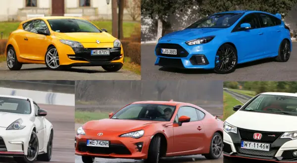 Kolaż pięciu sportowych aut: żółty Renault Megane RS, niebieski Ford Focus RS, biały Nissan 370Z Nismo, pomarańczowy Toyota GT86 i biały Honda Civic Type R.