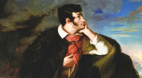 Portret mężczyzny w czarnym futrze i czerwonej chuście, zamyślonego, w tle burzowe niebo. Obraz oddaje ducha epoki romantyzmu.