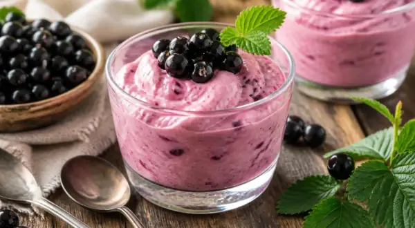 Cremiges Dessert mit schwarzen Johannisbeeren, garniert mit frischen Beeren und Minze. Daneben eine Schale voller schwarzer Johannisbeeren.