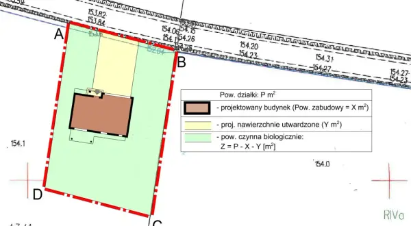 Plan działki z zaznaczonym budynkiem mieszkalnym wielorodzinnym, powierzchnią utwardzoną i biologicznie czynną.