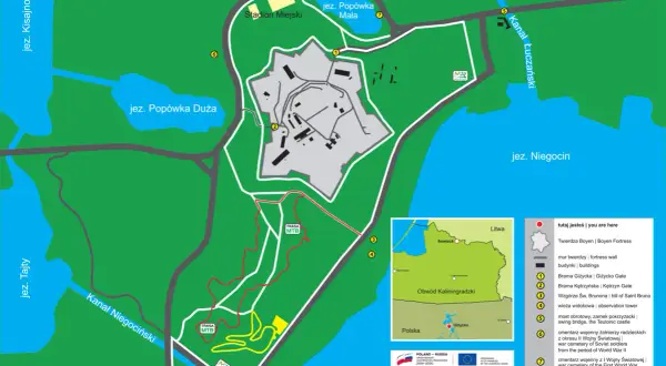 Mapa Giżycka z trasami rowerowymi, w tym szlakami MTB, prowadzącymi przez tereny Twierdzy Boyen i okolice jezior.