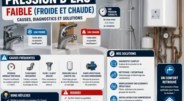 Illustration expliquant les causes et solutions d'un débit d'eau réduit, avec des robinets, une douche et des tuyaux.