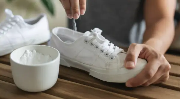 Un rimedio naturale per come togliere puzza dalle scarpe: bicarbonato versato dentro una scarpa bianca.