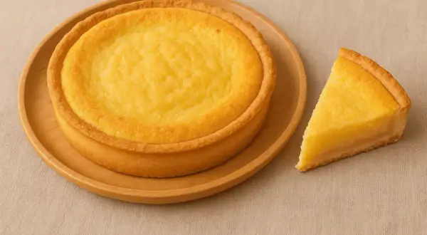 Torta intera e una fetta di torta con crema frangipane dorata su un piatto di legno.