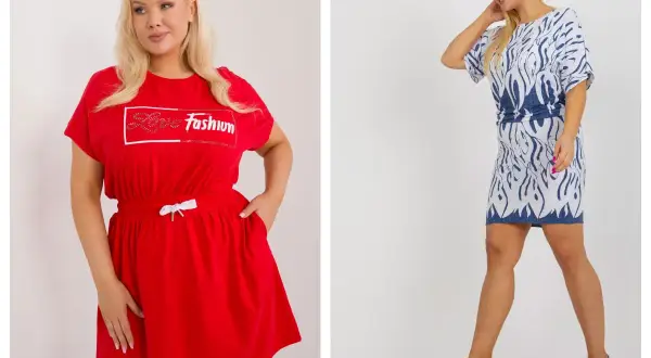 Kobieta w czerwonej sukience z napisem "Love Fashion" i w niebieskiej sukience z wzorem płomieni. Stylowa moda włoska plus size.