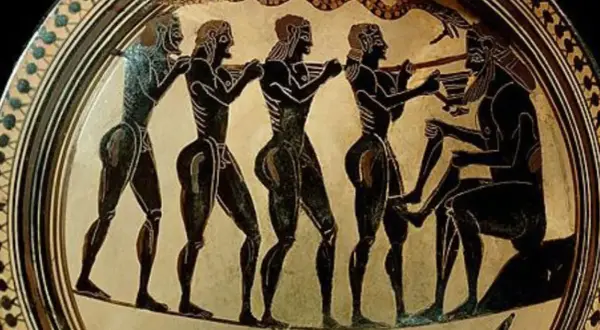 Un monstre s'attaque à Ulysse et ses compagnons. Ils portent un objet, peut-être un trésor, vers un homme assis.