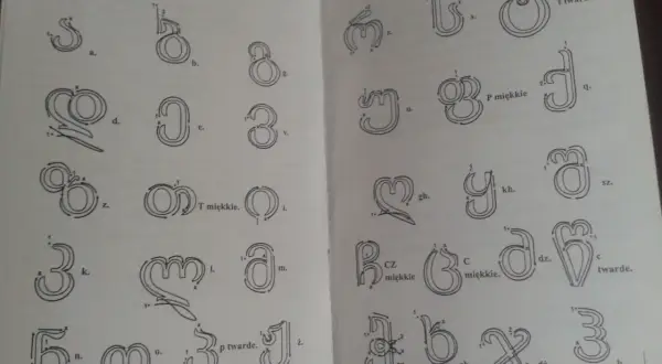 Ilustracja pokazuje alfabet gruziński z podziałem na poszczególne litery, ich nazwy i wskazówki dotyczące pisania.