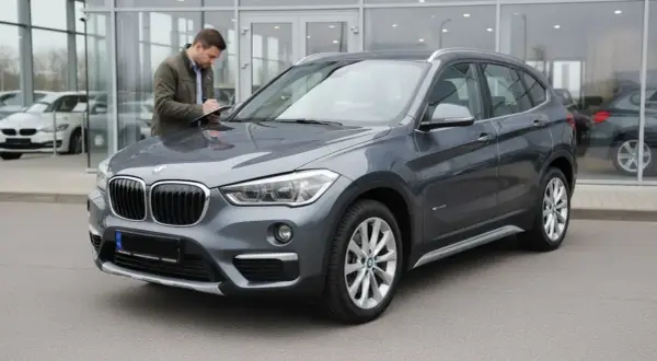 Szary BMW X1 F48, mężczyzna sprawdza dokumenty przy samochodzie. Czy to początek listy potencjalnych wad?