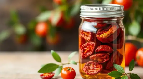 Glas mit eingelegten, sonnengetrockneten Tomaten. Frische Tomaten und grüne Blätter liegen daneben. Perfekt für die Tomaten trocknen.