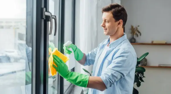 Mężczyzna w zielonych rękawiczkach czyści okna plastikowe, używając sprayu i żółtej ściereczki. Dbałość o detale to klucz do konserwacji okien.