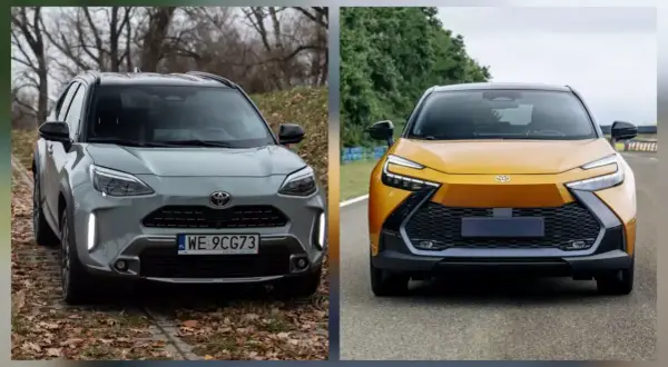 Dwa SUV-y Toyoty: szary model z 2018 roku i żółty, nowszy model, prezentują swoje przednie części.