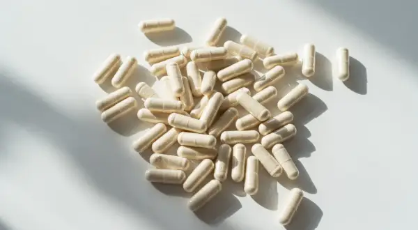 Kapsułki probioset rozsypane na białym tle, oświetlone słońcem.