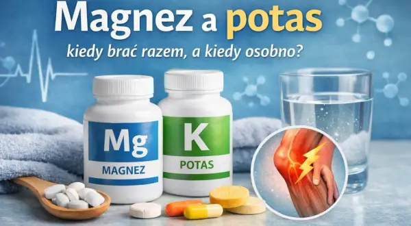 Magnez i potas w tabletkach, obok szklanki wody i grafiki bolącego kolana. Dowiedz się, kiedy warto je brać razem.