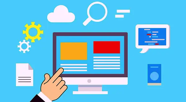 Schermata di un computer con elementi grafici che rappresentano la creazione di un sito web, la ricerca e il prezzo dominio.
