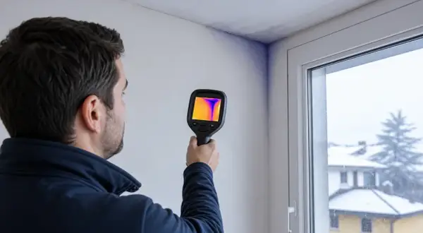 Un tecnico usa una termocamera per rilevare un ponte termico e la muffa in un angolo di una stanza, con una finestra innevata sullo sfondo.