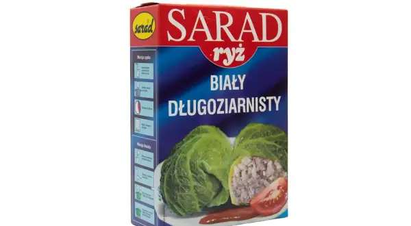 Opakowanie ryżu Sarad Biały Długoziarnisty z wizerunkiem gołąbków.