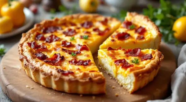 Une quiche lorraine épaisse et moelleuse, garnie de lardons croustillants, sur une planche en bois.