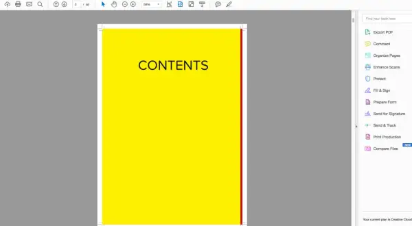 A bright yellow page with "CONTENTS" in black text, part of a PDF document, likely from an InDesign tutorial.