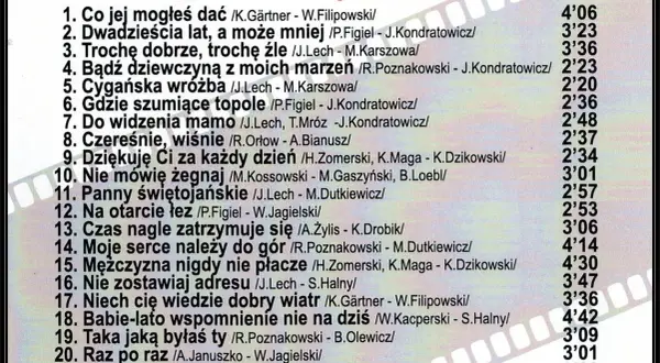 Jacek Lech - największe przeboje. Lista utworów, m.in. "Co jej mogłeś dać", "Dwudziesta lat", "Cygańska wróżba", "Nie mówię żegnaj".