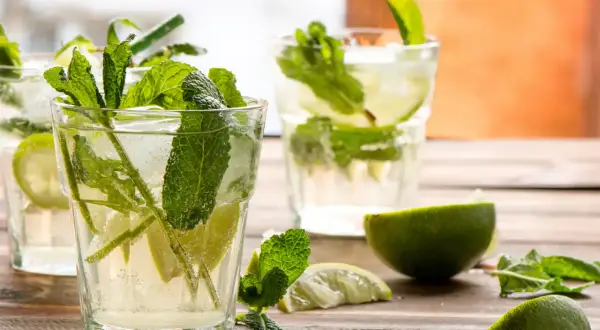 Verre de mojito frais avec menthe, citron vert et glaçons. Parfait pour une recette mojito rafraîchissante.