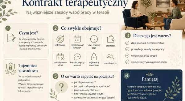 Kontrakt terapeutyczny: umowa między klientem a terapeutą, określająca zasady współpracy, cele i kwestie organizacyjne. Kluczowy dla bezpieczeństwa i jasności.
