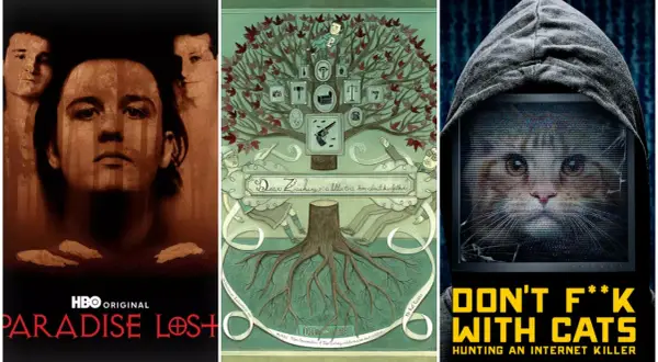 Tre affischer för true crime serier: "Paradise Lost", en illustrerad familjehistoria och "Don't F**k With Cats".