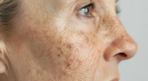 Gros plan sur le visage d'une femme, montrant des taches brunes et des rides. Un exemple de peau avant traitement UV.