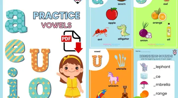 Fichas vocales con dibujos para practicar las letras a, e, i, o, u. Incluye imágenes de animales y objetos.