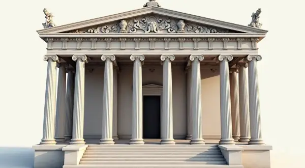 Monumentalna budowla w stylu klasycyzm architektura, z rzędem kolumn jońskich, schodami i ozdobnym fryzem.