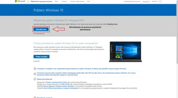 Asystent aktualizacji Windows 10 oferuje łatwą drogę do najnowszej wersji systemu. Kliknij "Zaktualizuj teraz", by rozpocząć.