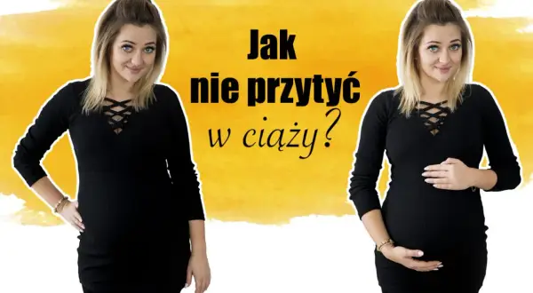 Kobieta w ciąży z pytaniem "Jak nie przytyć w ciąży?". Dwie wersje tej samej kobiety, jedna z ręką na biodrze, druga z dłońmi na brzuchu.