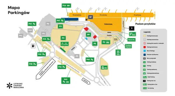 Mapa parkingów Lotnisko Chopina Warszawa: znajdź najlepszy parking, sprawdź cennik i lokalizację.
