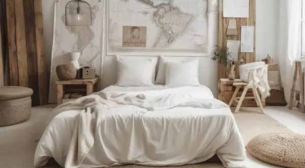 Przytulna sypialnia w stylu scandi boho z łóżkiem, mapą świata na ścianie i naturalnymi materiałami.