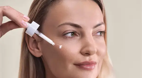 Kwas palmitynowy w kroplach serum pielęgnuje skórę kobiety, nadając jej blask i nawilżenie.