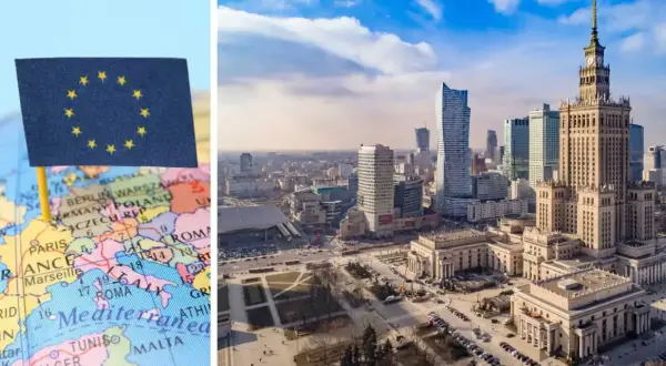 Flaga UE na mapie Europy i panorama Warszawy. Czekamy na moment, kiedy wejdzie w życie ustawa o OZE, by rozwijać zieloną energię.