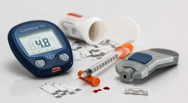 Glukometr, igła, lancet i paski testowe. Monitorowanie poziomu cukru we krwi pomaga wykryć spadek cukru objawy.