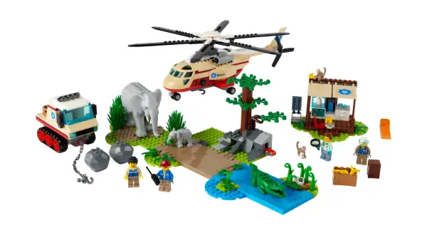 Zestaw lego 60302: ratownicy pomagają słoniom i krokodylom. Helikopter, terenówka i zwierzęta.