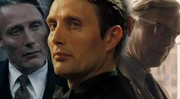 Mads Mikkelsen i tre olika roller, en intensiv blick från den mellersta bilden, en äldre man med glasögon till höger och en man i kostym till vänster.