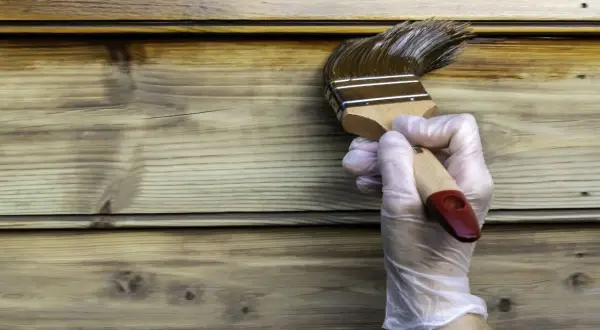 Application d'une lasure sur un bardage en bois, montrant la différence entre lasure et peinture. La lasure pénètre le bois, la peinture le recouvre.